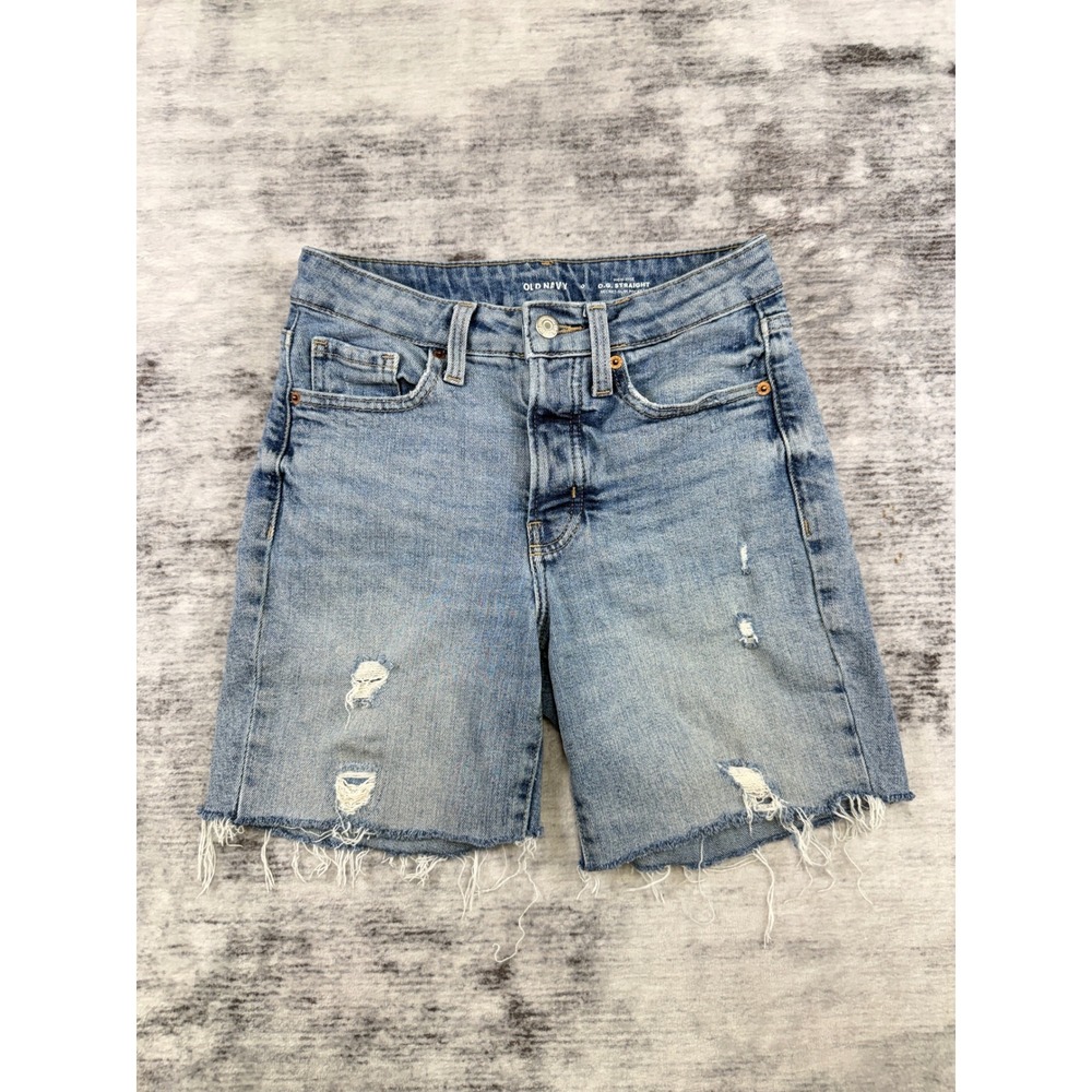Old Navy OG Straight High Rise Distressed Denim Shorts Medium Wash Blue Size 0